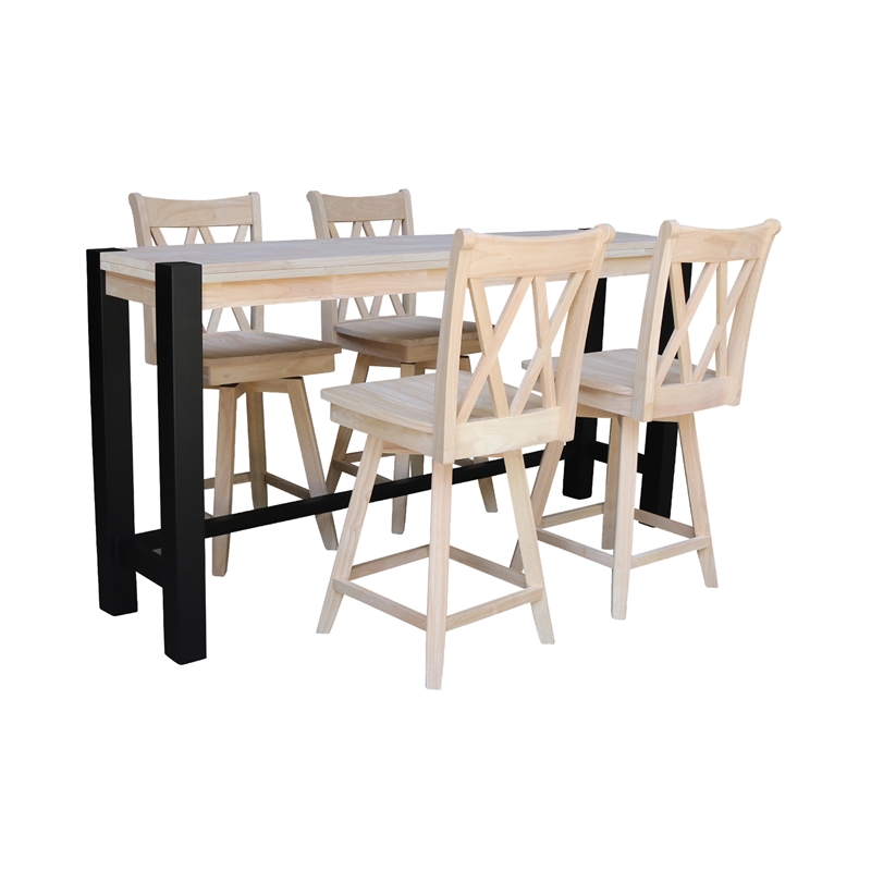 Unfinished Solid Wood Tall Accent Table with Black Iron Legs and Four Stools