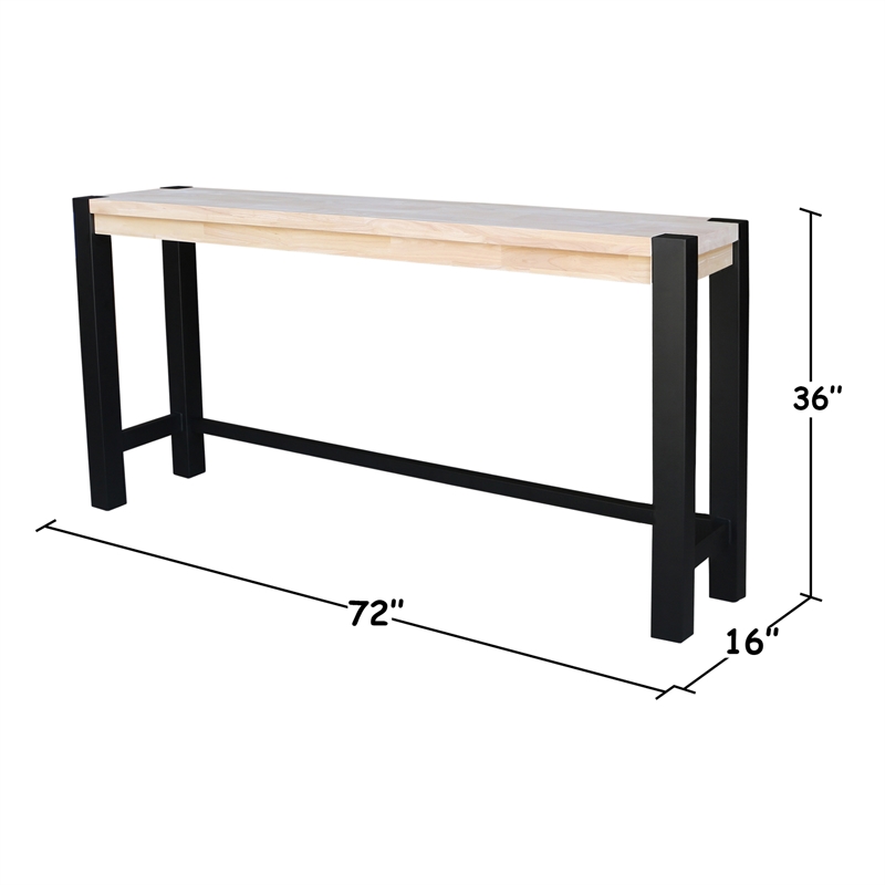 Unfinished Solid Wood Tall Accent Table with Black Iron Legs and Four Stools