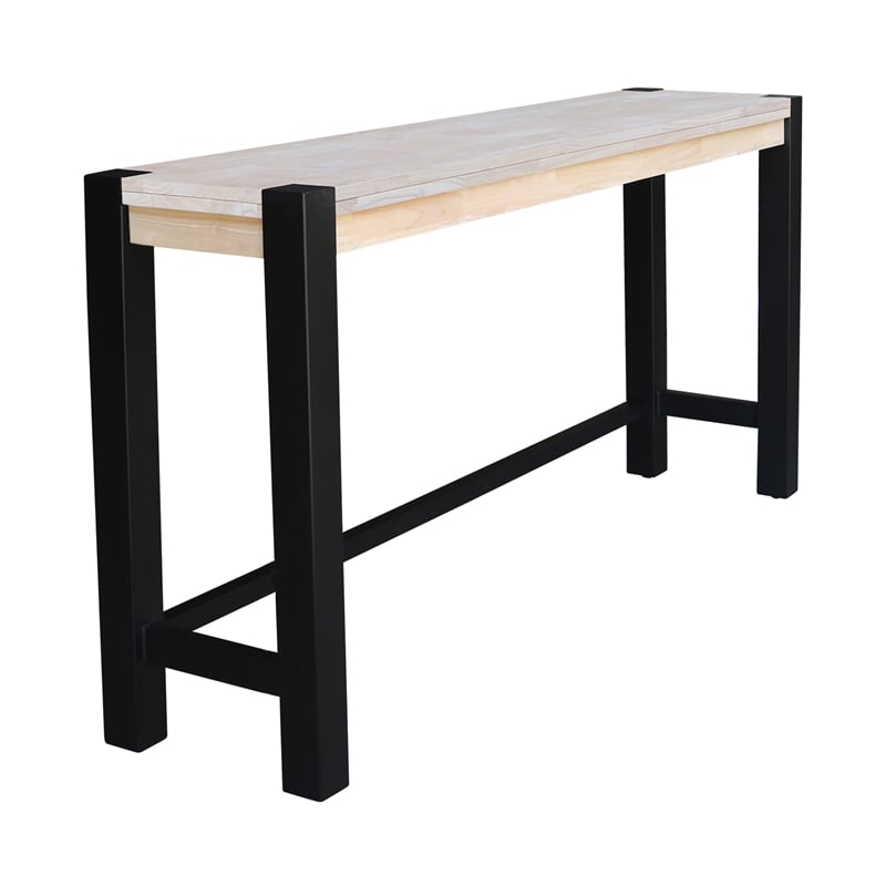 Unfinished Solid Wood Tall Accent Table with Black Iron Legs and Four Stools