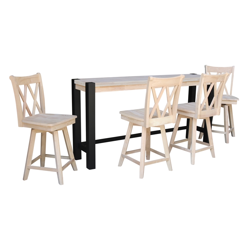 Unfinished Solid Wood Tall Accent Table with Black Iron Legs and Four Stools