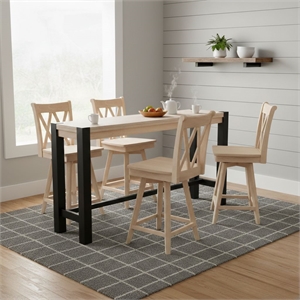 Unfinished Solid Wood Tall Accent Table with Black Iron Legs and Four Stools