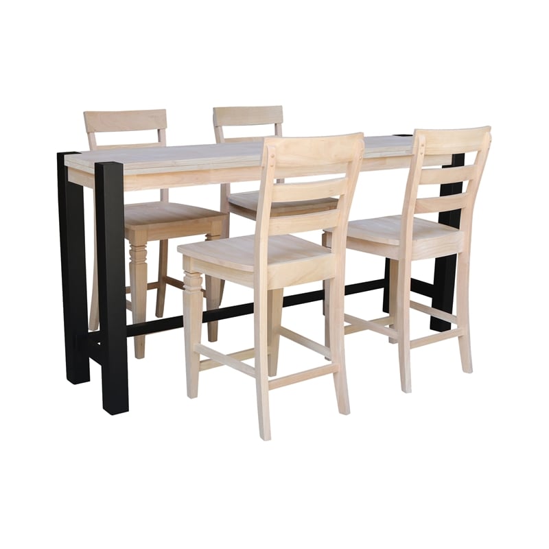 Unfinished Solid Wood Tall Accent Table with Black Iron Legs and Four Stools