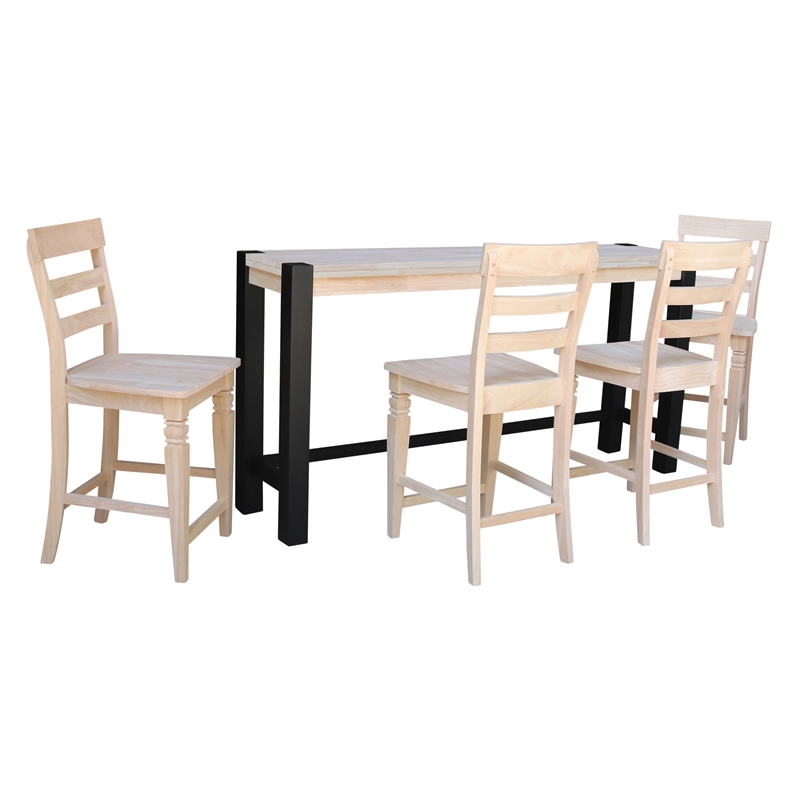 Unfinished Solid Wood Tall Accent Table with Black Iron Legs and Four Stools