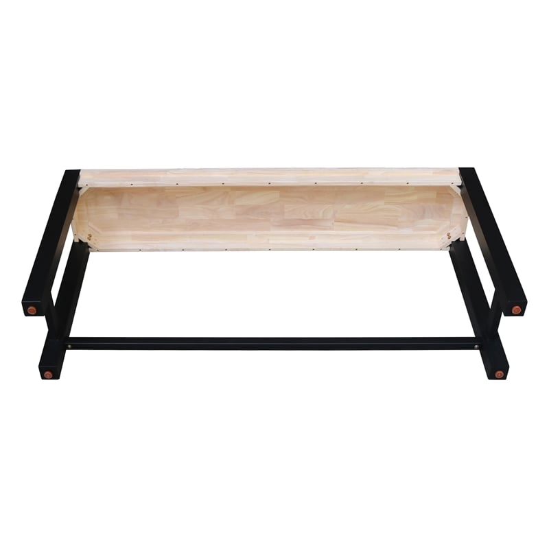 Unfinished Solid Wood Tall Accent Table with Black Iron Legs and Four Stools