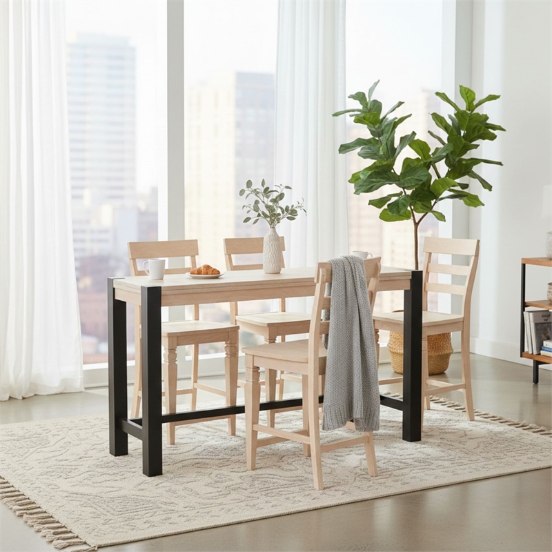 Unfinished Solid Wood Tall Accent Table with Black Iron Legs and Four Stools