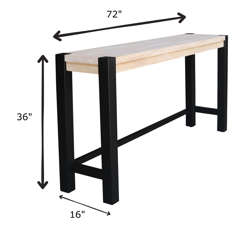 Unfinished Solid Wood Tall Accent Table with Black Iron Legs and Four Stools
