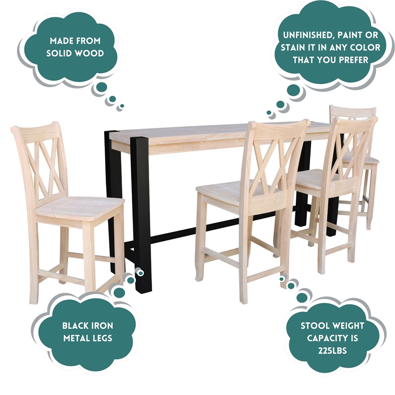 Unfinished Solid Wood Tall Accent Table with Black Iron Legs and Four Stools