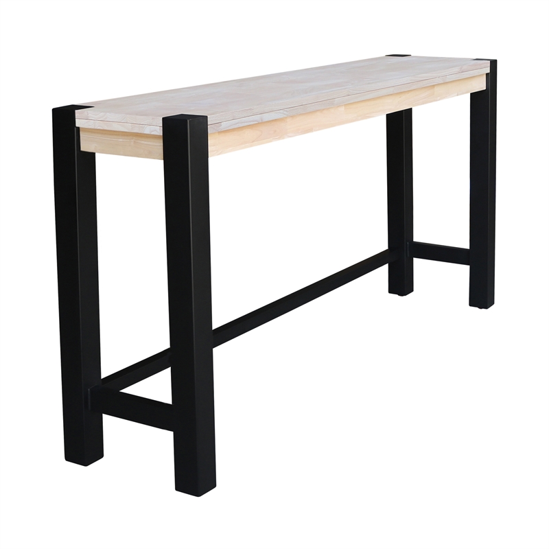 Unfinished Solid Wood Tall Accent Table with Black Iron Legs and Four Stools