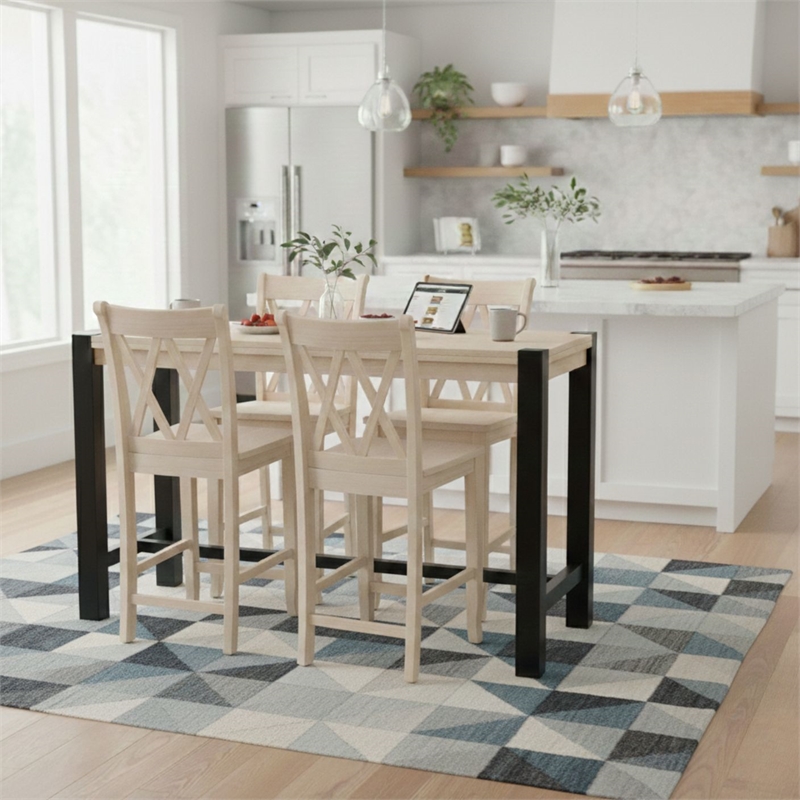 Unfinished Solid Wood Tall Accent Table with Black Iron Legs and Four Stools