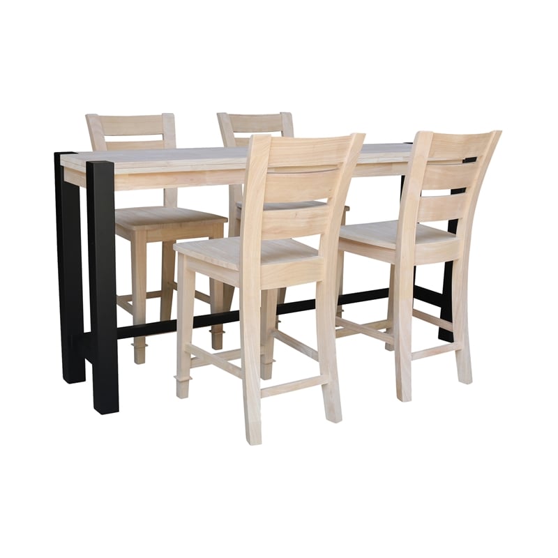 Unfinished Solid Wood Tall Accent Table with Black Iron Legs and Four Stools