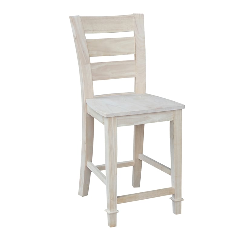 Unfinished Solid Wood Tall Accent Table with Black Iron Legs and Four Stools