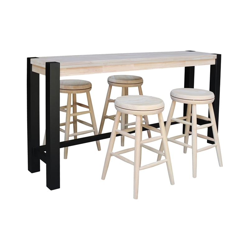 Unfinished Solid Wood Tall Accent Table with Black Iron Legs and Four Stools