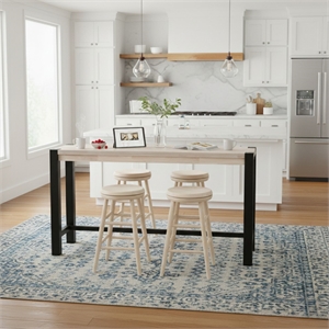 Unfinished Solid Wood Tall Accent Table with Black Iron Legs and Four Stools