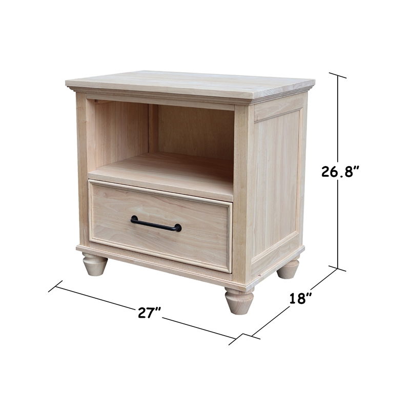 International Concepts Solid Wood 1-Drawer Nightstand Unfinished Ready to Finish Hardwood Bedside Table with Open Shelf