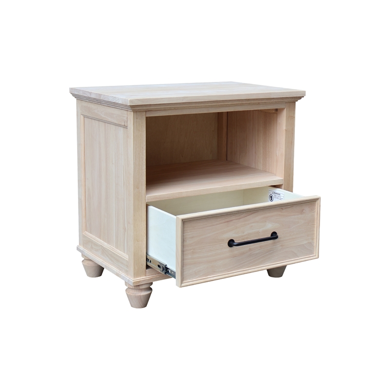 International Concepts Solid Wood 1-Drawer Nightstand Unfinished Ready to Finish Hardwood Bedside Table with Open Shelf