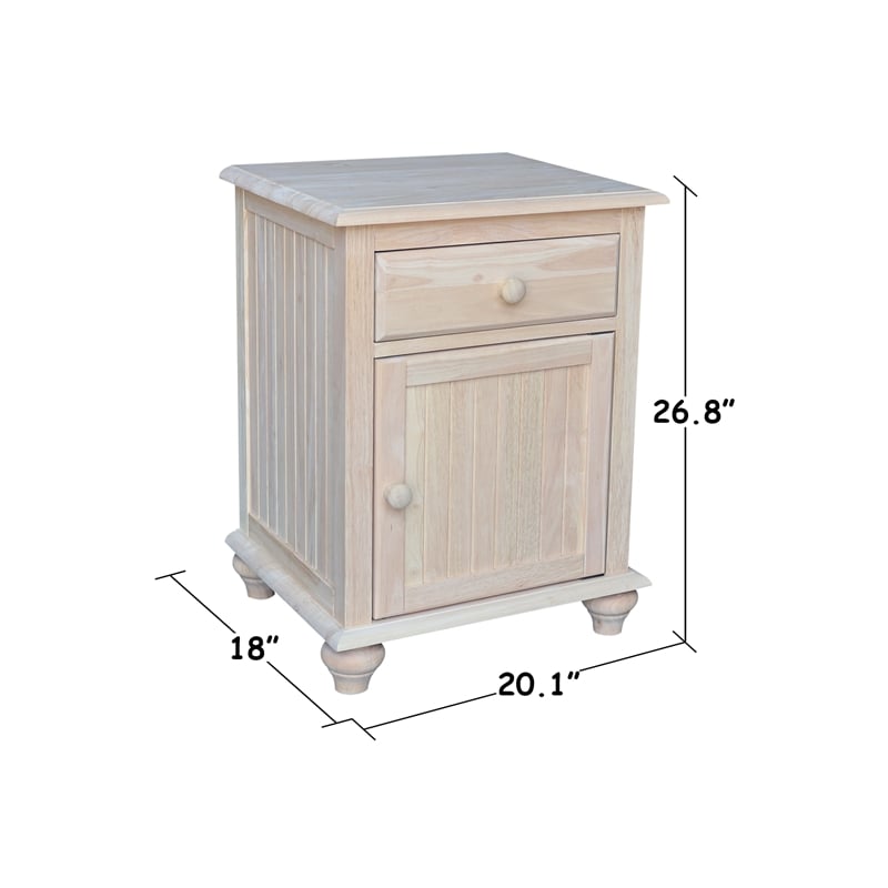 International Concepts Solid Wood Nightstand with Storage Cabinet Unfinished Ready to Finish Bedside Table with Drawer and Adjustable Shelf