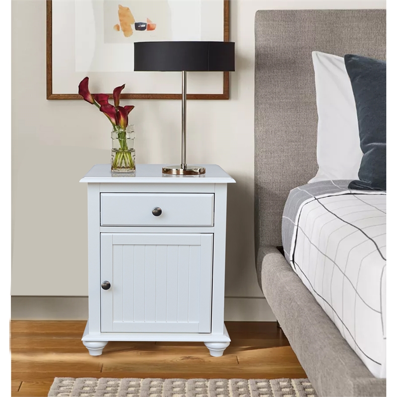 International Concepts Solid Wood Nightstand with Storage Cabinet Classic White Bedside Table with Drawer and Adjustable Shelf