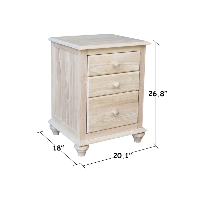 International Concepts Solid Wood 3 Drawer Nightstand Unfinished Bedside Table