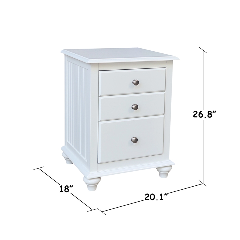 International Concepts Solid Wood 3 Drawer Nightstand Classic White Bedside Table with Tiered Storage and Deep Bottom Drawer
