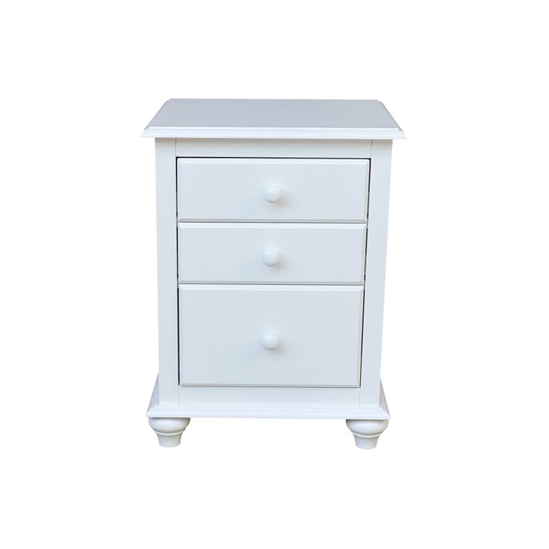 International Concepts Solid Wood 3 Drawer Nightstand Classic White Bedside Table with Tiered Storage and Deep Bottom Drawer