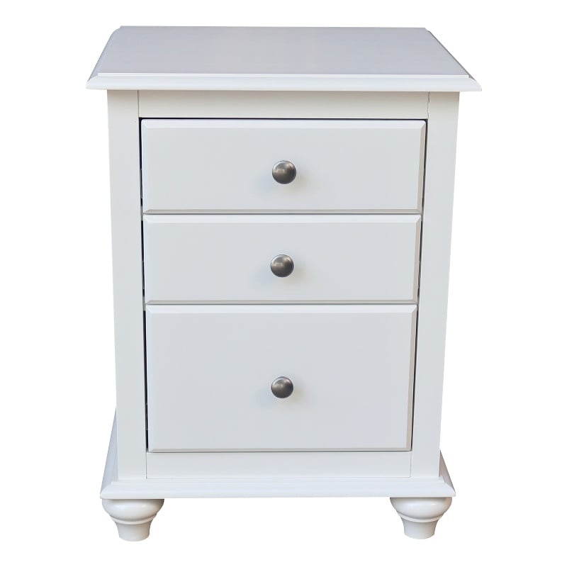 International Concepts Solid Wood 3 Drawer Nightstand Classic White Bedside Table with Tiered Storage and Deep Bottom Drawer