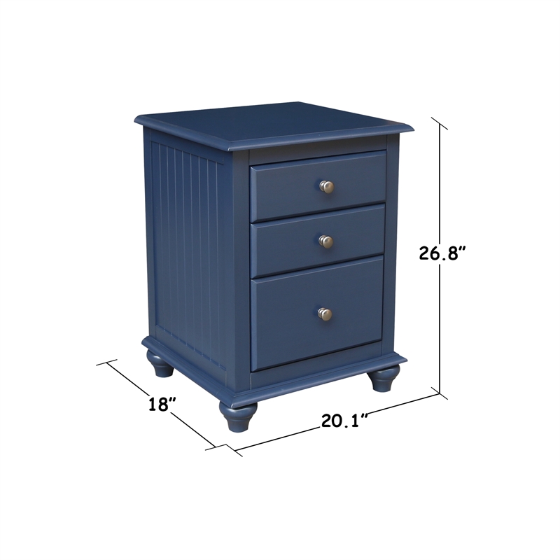 International Concepts Solid Wood 3 Drawer Nightstand Modern Denim Blue Bedside Table with Tiered Storage and Deep Bottom Drawer