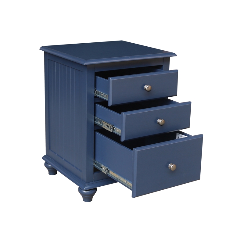 International Concepts Solid Wood 3 Drawer Nightstand Modern Denim Blue Bedside Table with Tiered Storage and Deep Bottom Drawer