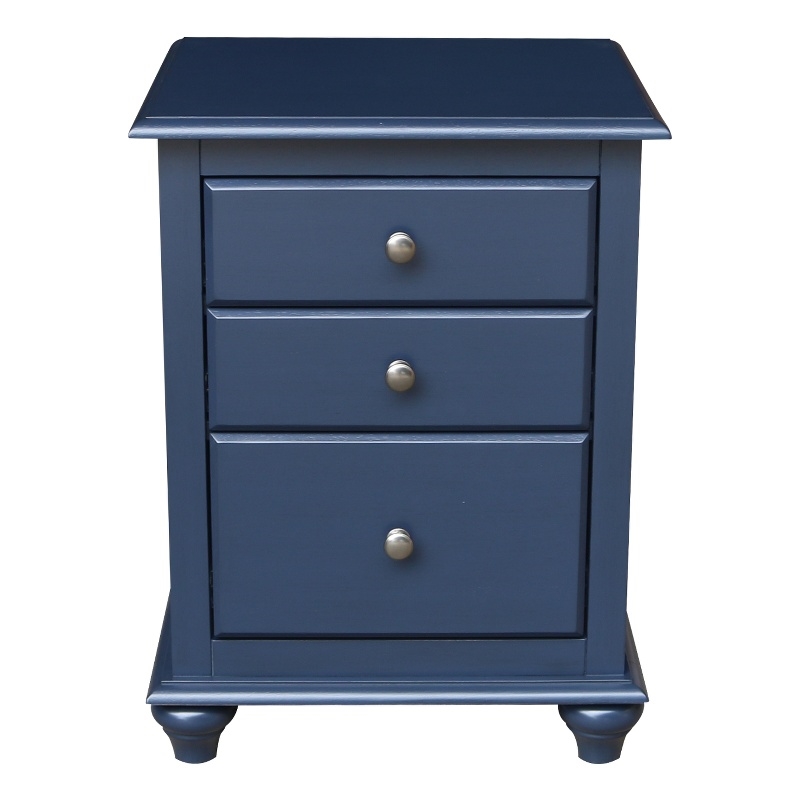International Concepts Solid Wood 3 Drawer Nightstand Modern Denim Blue Bedside Table with Tiered Storage and Deep Bottom Drawer