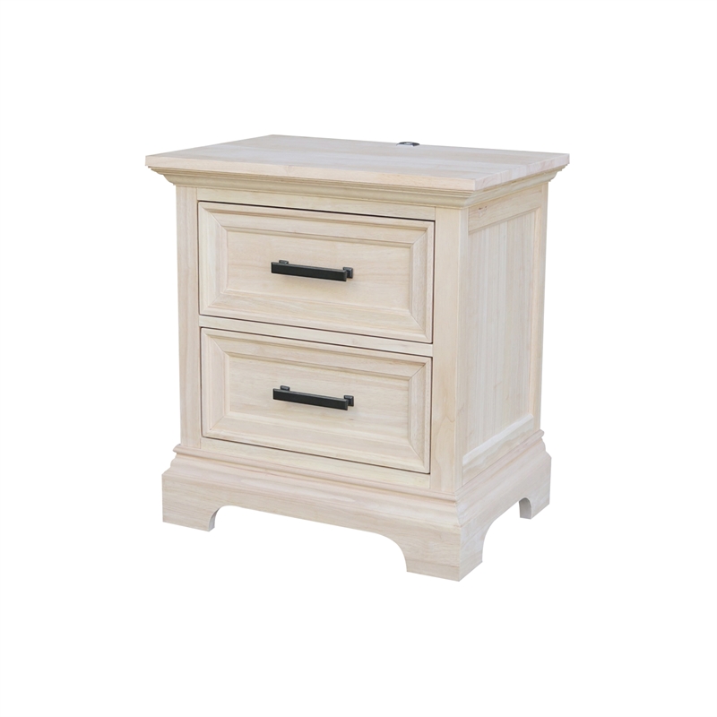 International Concepts Solid Wood 2Drawer Nightstand with USB Charging Port Unfinished
