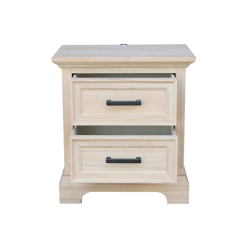 International Concepts Solid Wood 2Drawer Nightstand with USB Charging Port Unfinished