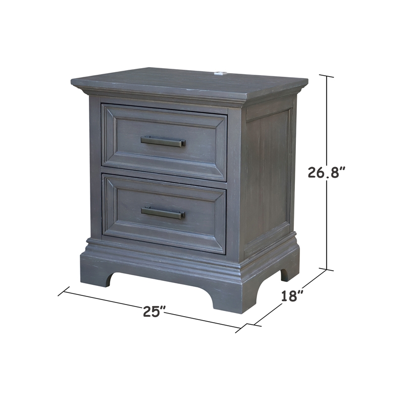 International Concepts Solid Wood 2 Drawer Nightstand with USB Charging Port Modern Heather Gray Bedside Table with Deep Drawers