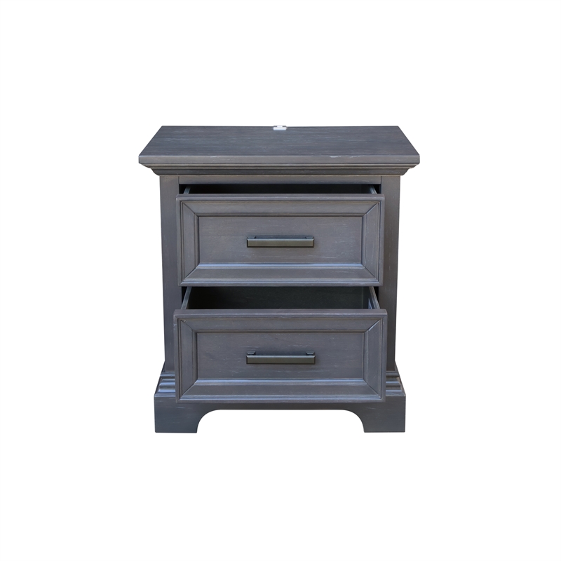 International Concepts Solid Wood 2 Drawer Nightstand with USB Charging Port Modern Heather Gray Bedside Table with Deep Drawers