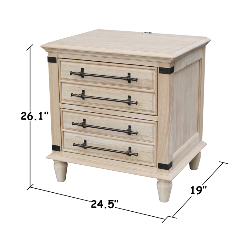 International Concepts Solid Wood 2 Drawer Nightstand with USB Charging Unfinished