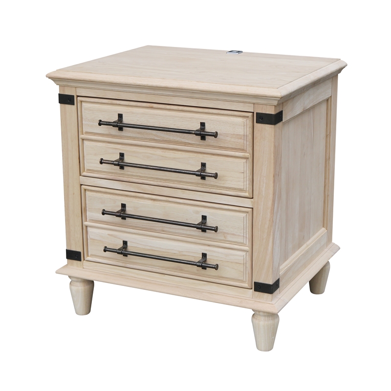 International Concepts Solid Wood 2 Drawer Nightstand with USB Charging Unfinished