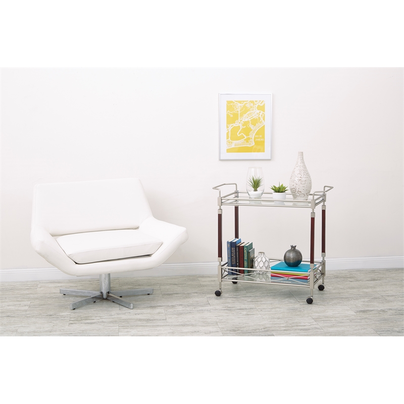 Melrose Serving Cart with Clear Tempered Glass and Nickel Brush Metal Frame