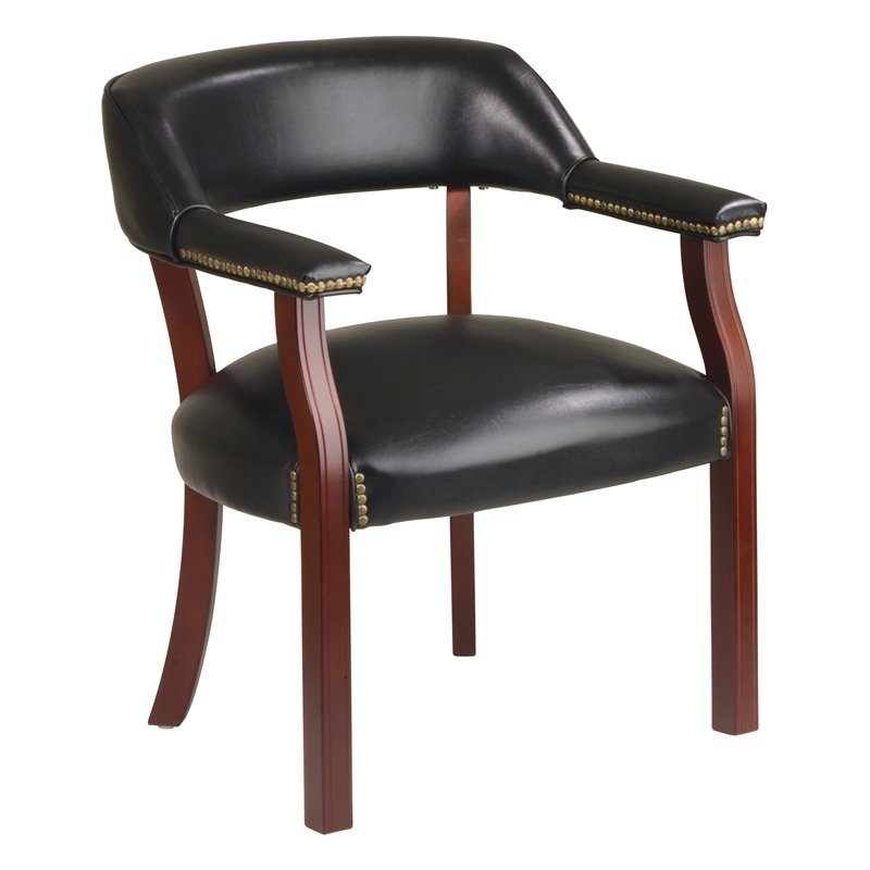 Traditional Guest Chair in Black Vinyl and Mahogany Legs