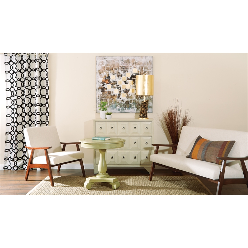 Avalon Hand Painted Round Accent table in Antique Celedon Beige Engineered Wood