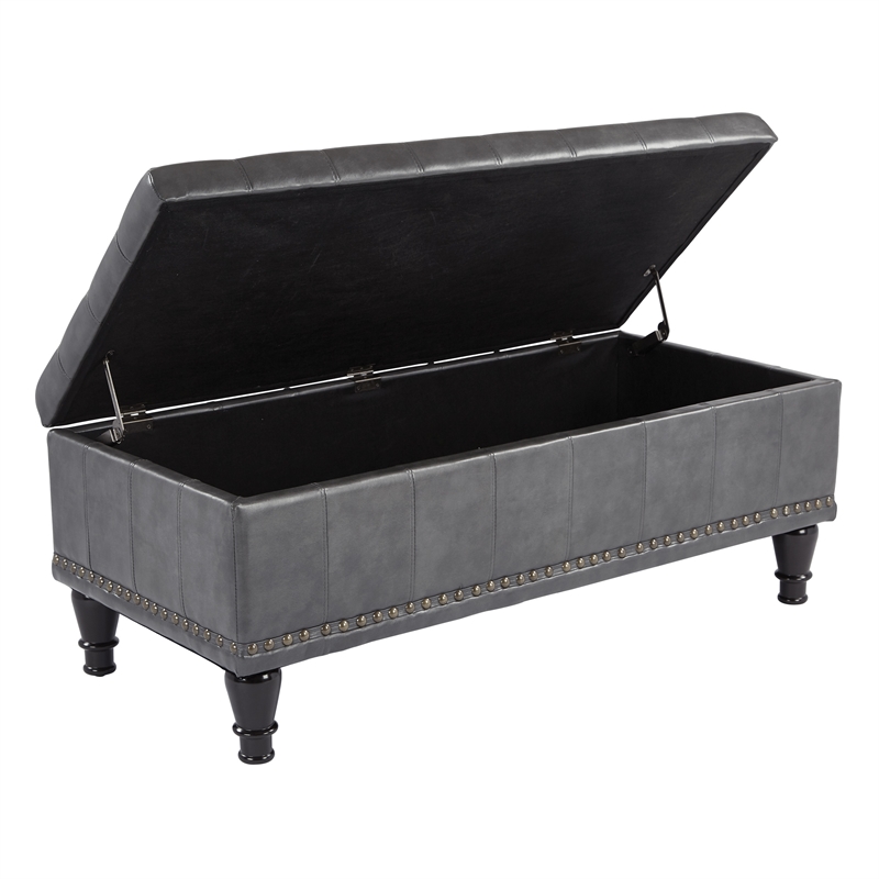Caldwell Square Storage Ottoman in Gray Bonded Leather with Nailheads