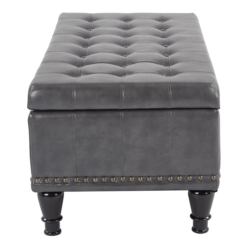 Caldwell Square Storage Ottoman in Gray Bonded Leather with Nailheads