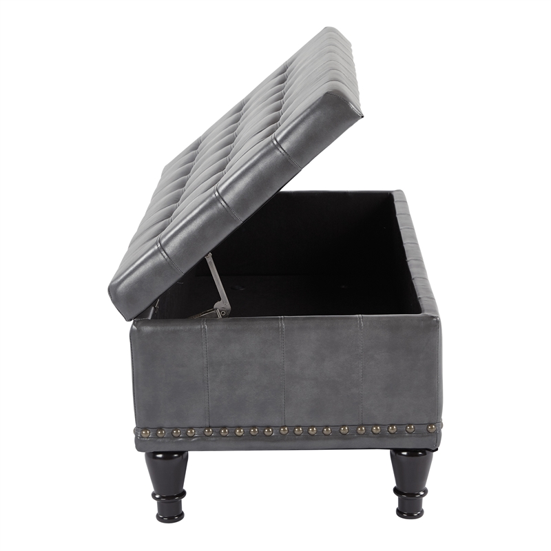 Caldwell Square Storage Ottoman in Gray Bonded Leather with Nailheads