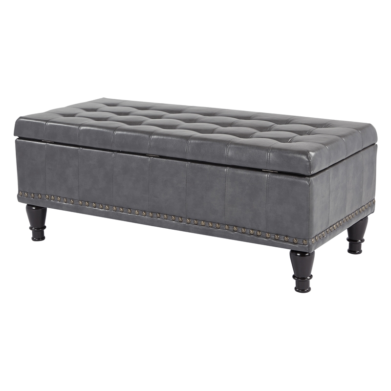 Caldwell Square Storage Ottoman in Gray Bonded Leather with Nailheads