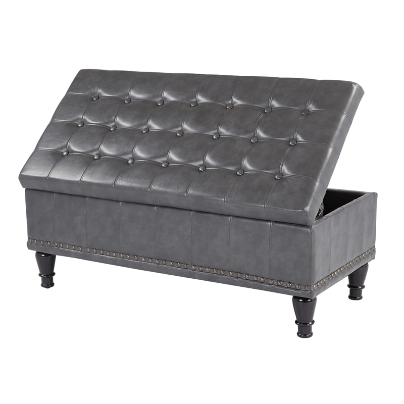 Caldwell Square Storage Ottoman in Gray Bonded Leather with Nailheads