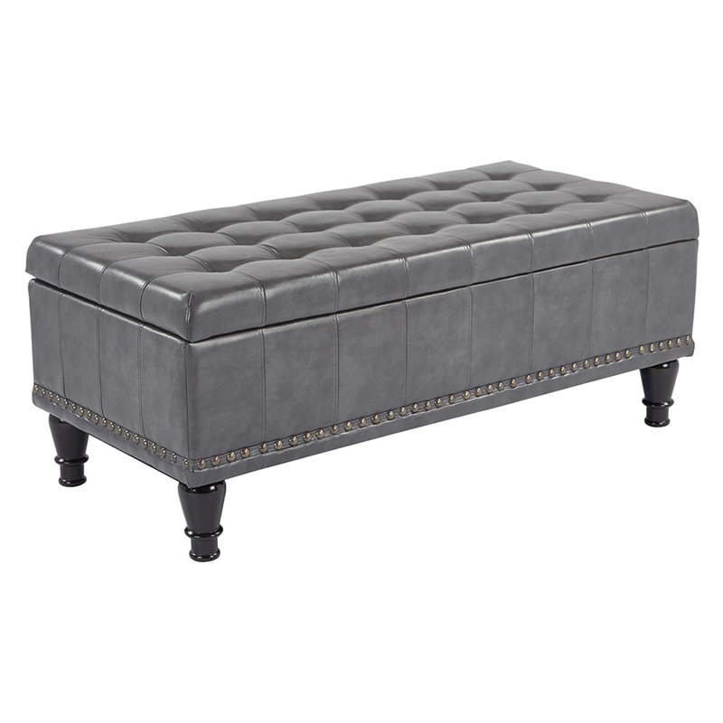 Caldwell Square Storage Ottoman in Gray Bonded Leather with Nailheads