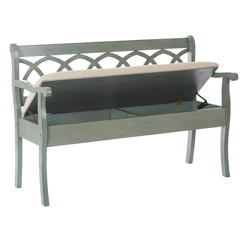 Coventry Storage Bench in Antique Sage Green Frame and Beige Fabric Seat Cushion
