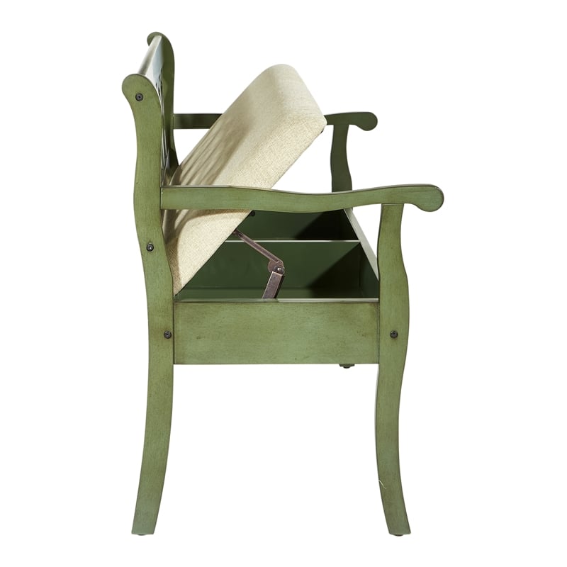Coventry Storage Bench in Antique Sage Green Frame and Beige Fabric Seat Cushion