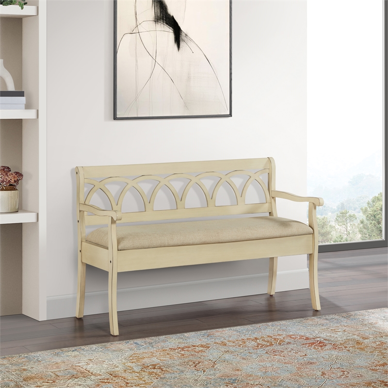 Coventry Storage Bench in Antique White Frame and Beige Fabric Seat Cushion