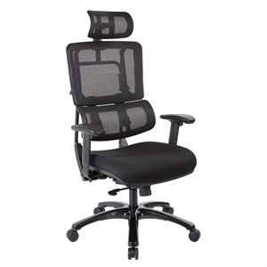 vertical black mesh back chair with shiny black base with headrest