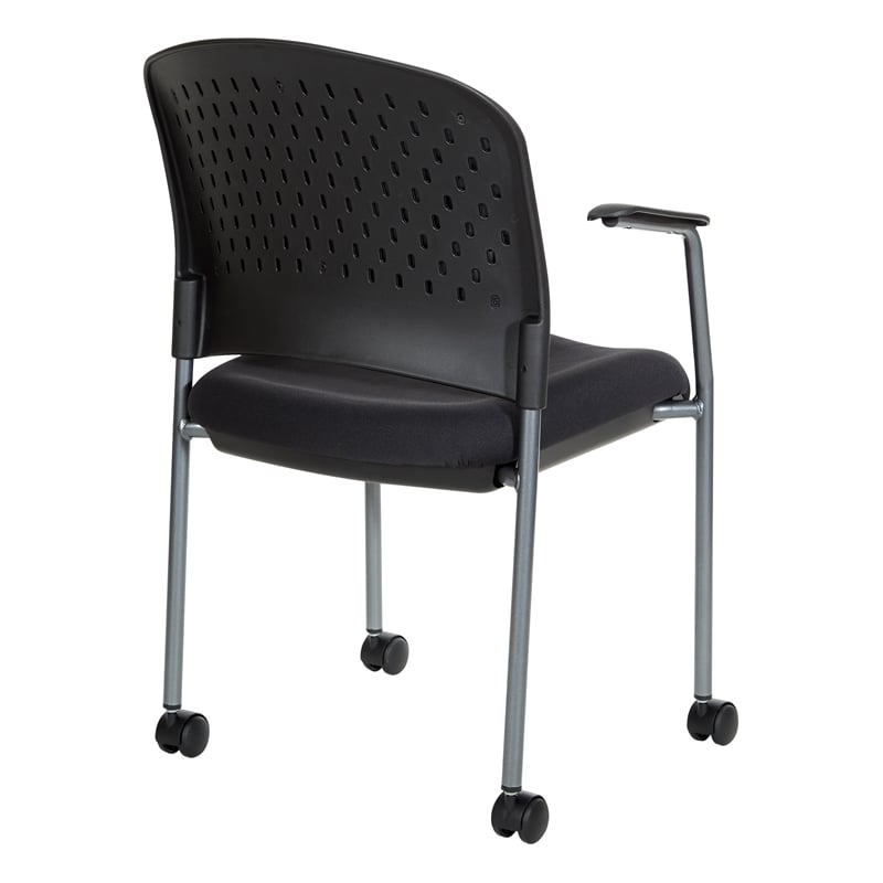 Titanium Finish Rolling Visitors Chair With Casters in Black Fabric