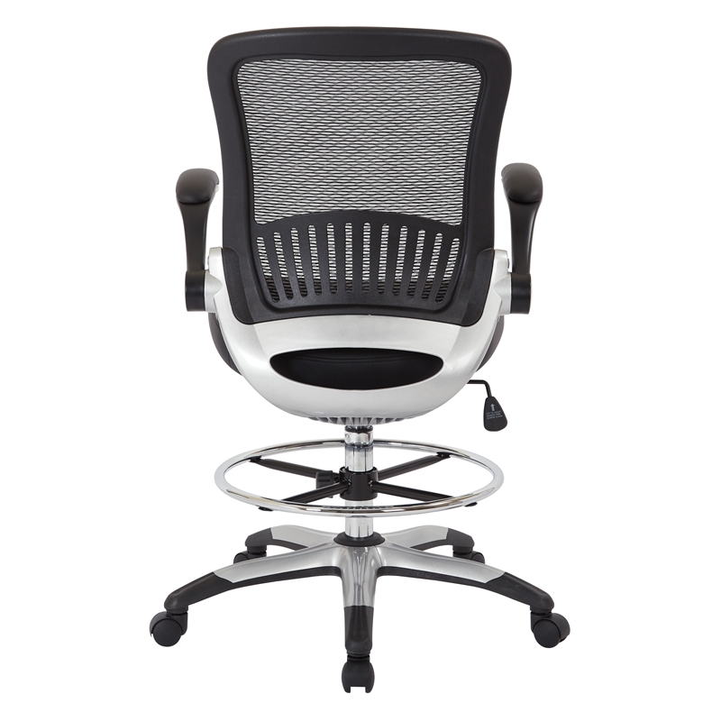 Mesh Black Back Fabric Drafting Chair Faux Leather Seat Adjustable Foot Ring