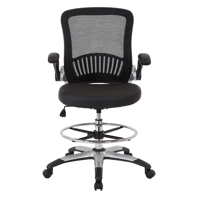 Mesh Black Back Fabric Drafting Chair Faux Leather Seat Adjustable Foot Ring